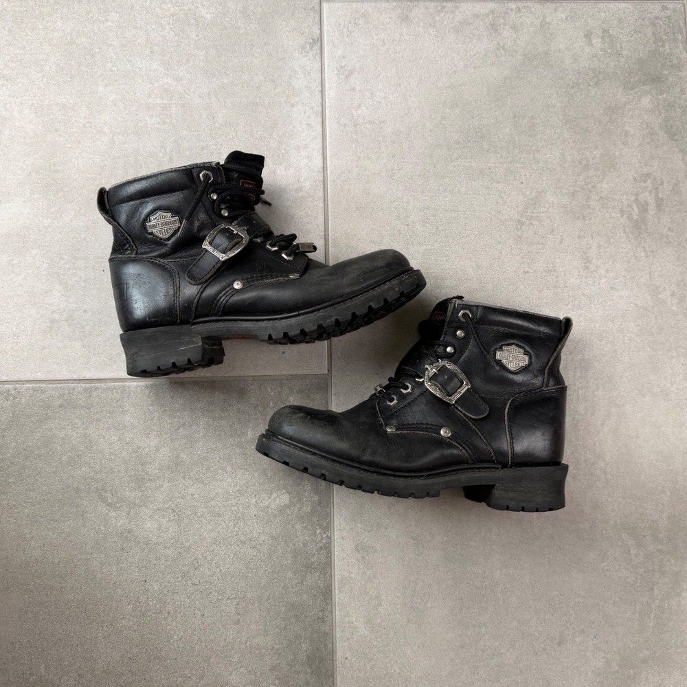 Vintage Harley Davidson Women Black Leather Harness Moto Boots 9.5 Y2K